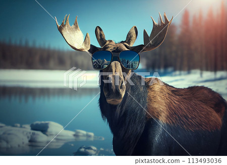 Cute moose in glasses with antlers looks cool 113493036