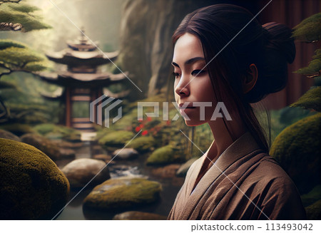 zen garden beautiful woman meditating 113493042