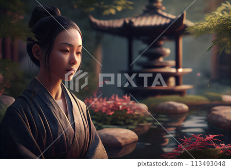 zen garden beautiful woman meditating 113493048