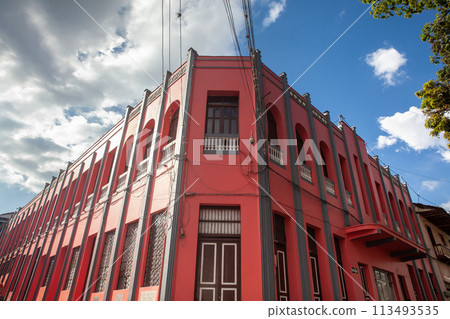 Beautiful facade of the buildings at the historical downtown of the heritage town of Salamina located at the Caldas department in Colombia. 113493535