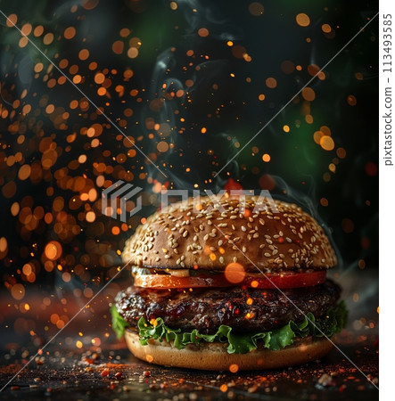 Yummy Burger with Dynamic Particles on Background. Fast Food Advertising Concept 113493585