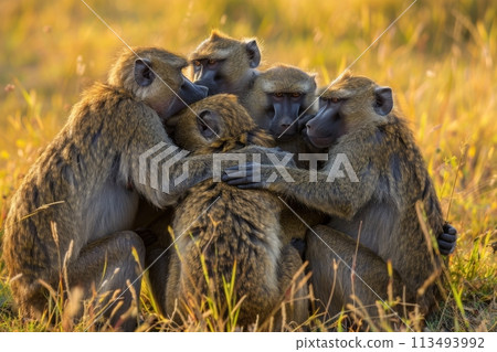 Baboons Embracing in a Warm Group Hug....-插圖素材 [113493992] - PIXTA圖庫