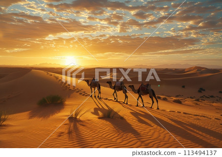 Camel Caravan Crossing Desert at Sunset. Generative AI Camel Caravan Crossing Desert at Sunset. Generative AI 113494137