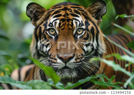 Tiger Staring Intently Through the Jungle Undergrowth. Generative AI Tiger Staring Intently Through the Jungle Undergrowth. Generative AI 113494158