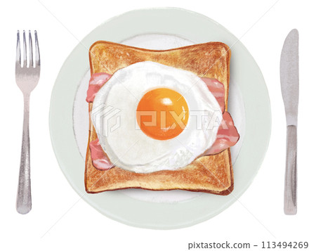 Bacon egg toast (with plate and cutlery) 113494269