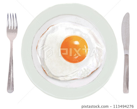 Fried egg (with plate and cutlery) 113494276