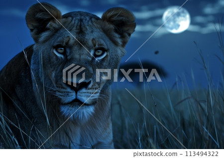 Majestic Lioness Under the Full Moon. Generative AI 113494322