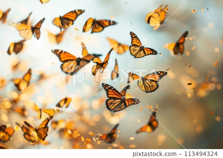 Monarch Butterflies in Flight at Golden Hour. Generative AI 113494324