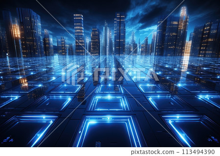 Futuristic Skyscrapers on a Digital Grid Platform. Generative AI 113494390