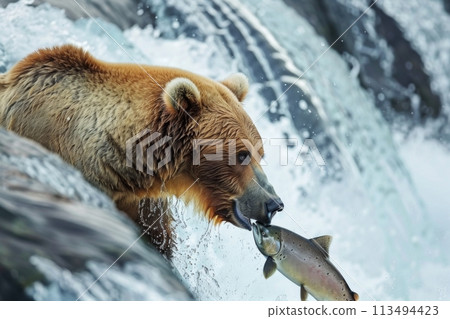 Brown Bear Catching Fish in Rushing River. Generative AI 113494423