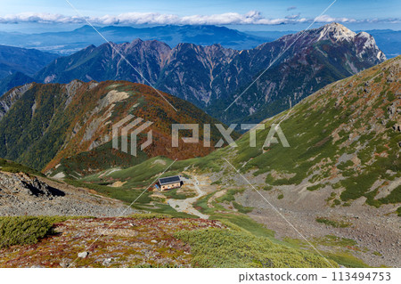 Senjo-goya hut and Mt. Kaikoma seen from the climb to Mt. Senjo in the Southern Alps 113494753