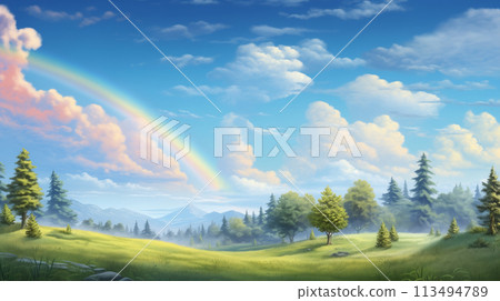 rainbow castle fantasy mountain forest sky majestic adventure king hero game 113494789