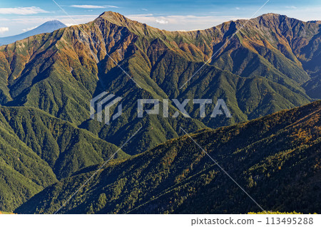 Mount Fuji, Mount Kita, and Mount Aino seen from Mount Senjo in the Southern Alps 113495288
