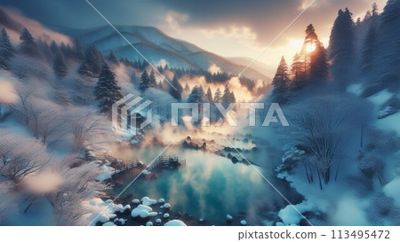冰霜覆蓋的樹木、雪山、清晨陽光下閃閃發光的溫泉 113495472