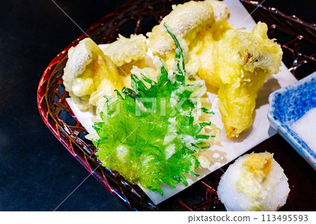 Japanese food platter of mushroom tempura and fresh shiso leaves Japanese food platter of mushroom tempura and fresh shiso leaves 113495593