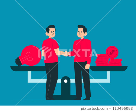 Two person shake hands to make a deal on the background of scales 113496098