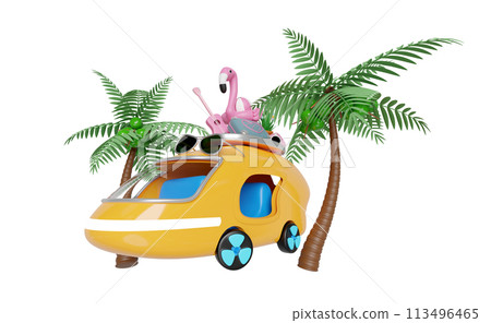 3d bus or van with tree, guitar, luggage, camera, sunglasses, flower, flamingo isolated. summer travel concept, 3d render illustration 113496465