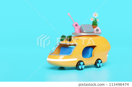 3d bus or van with guitar, luggage, camera, sunglasses, flower isolated on blue background. summer travel concept, 3d render illustration 113496474