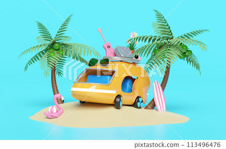 3d bus or van with island, surf board, tree, guitar, luggage, camera, sunglasses, flower, flamingo isolated on blue background. summer travel concept, 3d render illustration 113496476