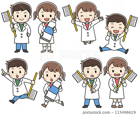 A set of illustrations of children doing dental care with toothbrushes 113496629