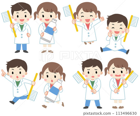 A set of illustrations of children doing dental care with toothbrushes 113496630