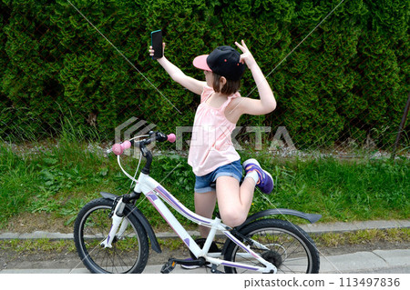Portrait of a charming baby sitting in a stroller. little girl sitting in a stroller. baby walking in a stroller. child in summer outdoors. High quality photo 113497836