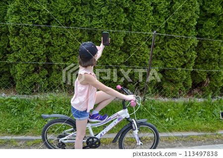 Portrait of a charming baby sitting in a stroller. little girl sitting in a stroller. baby walking in a stroller. child in summer outdoors. High quality photo 113497838