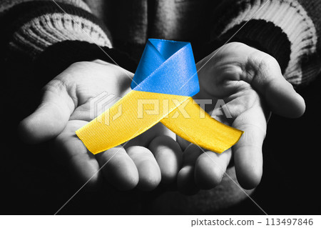 child hands holds yellow blue ukraine ribbon child hands holds yellow blue ukraine ribbon 113497846