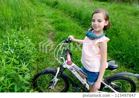 Portrait of a charming baby sitting in a stroller. little girl sitting in a stroller. baby walking in a stroller. child in summer outdoors. High quality photo 113497847