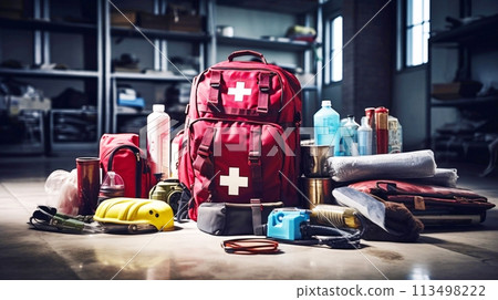 Disaster preparedness bags and disaster prevention kits lined up in a warehouse 113498222