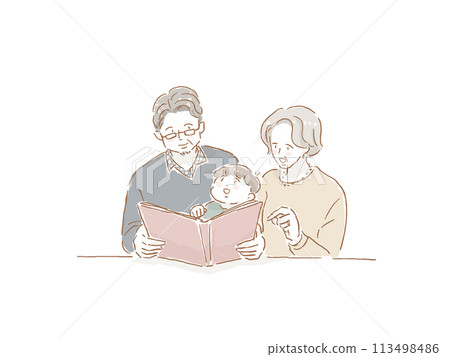 Elderly man and woman reading a book to a young boy (grandparents and grandson) 113498486