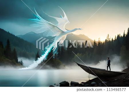 A painting of a friendly dinosaur with a mountain in the background. 113498577