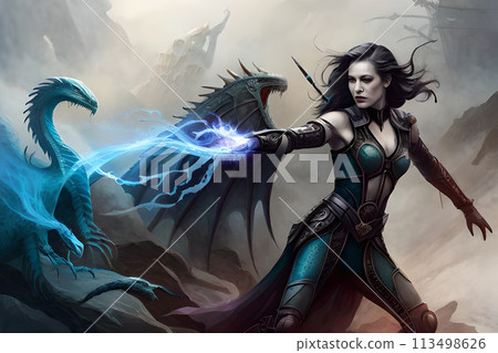 A painting of a woman with a blue mask and horns. 113498626