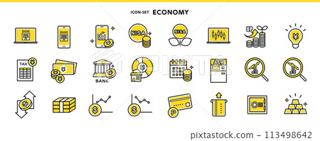 Set of economic icons including NISA, stocks, investment, investment trusts, and banking 113498642