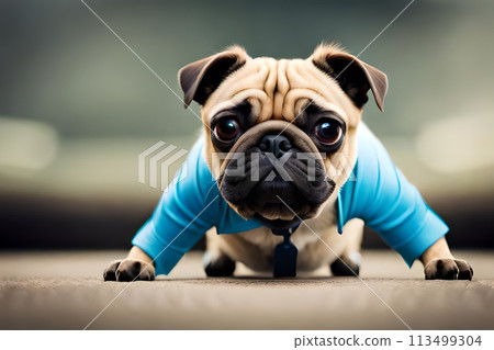 A small pug dog in a pine autumn forest on a walk. mops. A small pug dog in a pine autumn forest on a walk. mops. 113499304