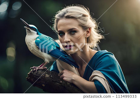 Stylish woman with bird outdoors. Perfect girl in fashionable dress and fedora hat 113499333