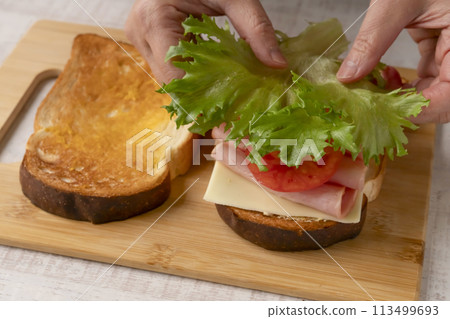 Sandwich making process Cheese Tomato Ham Sandwich making process Cheese Tomato Ham 113499693