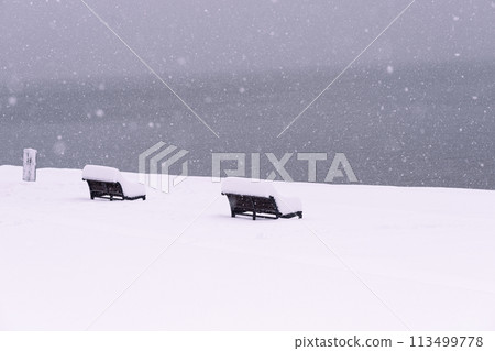 拍攝湖北滋賀縣高島市牧野町高木浜陽光海灘的雪湖畔 113499778