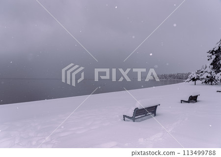 Photographing the snowy lakeside at Takagihama Sunny Beach in Makino-cho, Takashima City, Shiga Prefecture, north of Lake Biwa Photographing the snowy lakeside at Takagihama Sunny Beach in Makino-cho, Takashima City, Shiga Prefecture, north of Lake Biwa 113499788
