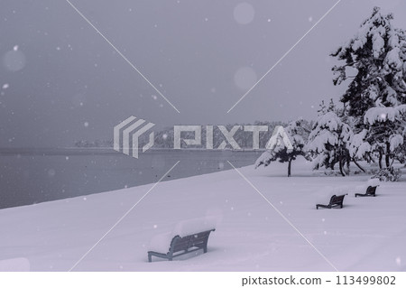 拍攝湖北滋賀縣高島市牧野町高木浜陽光海灘的雪湖畔 拍攝湖北滋賀縣高島市牧野町高木浜陽光海灘的雪湖畔 113499802