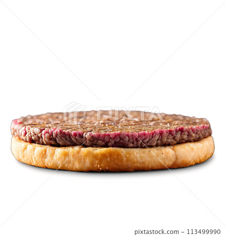 Ground venison lean and flavorful formed into a patty photographed from the side 113499990