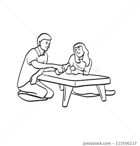 man pouring tea on cup of his girlfriend on small table illustration vector hand drawn isolated on white background man pouring tea on cup of his girlfriend on small table illustration vector hand drawn isolated on white background 113500217