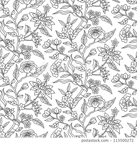 Seamless pattern with monochrome black and white chinoiserie hand drawn motifs Seamless pattern with monochrome black and white chinoiserie hand drawn motifs 113500272