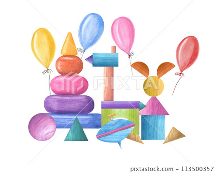 Multicolored pyramid, spinning top, ball, cubes, horse and hare made of cubes, balloons. Wooden Toys. Watercolor illustration isolated on white. Composition for children greeting card, party 113500357