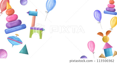 Watercolor illustration with kid wooden toys and balloons. Multicolored pyramid, spinning top, cubes, horse and hare made of cubes. Horizontal frame isolated on white background. Copy space for text. 113500362
