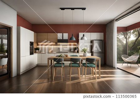 Luxury modern and vintage turquoise interior. Marble kitchen island with wooden chockers. 113500365