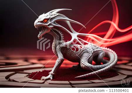 A painting of a dinosaur with a mountain in the background. 113500401