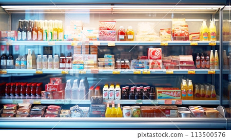 超市貨架上整齊排列的食品 超市貨架上整齊排列的食品 113500576