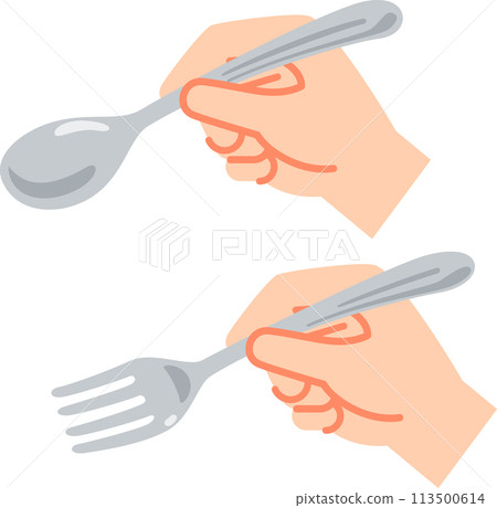 Hand holding a spoon and hand holding a fork Hand holding a spoon and hand holding a fork 113500614