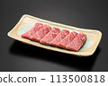 Plate of sliced beef, plate of premium wagyu beef, plate of freshly cut wagyu beef 113500818